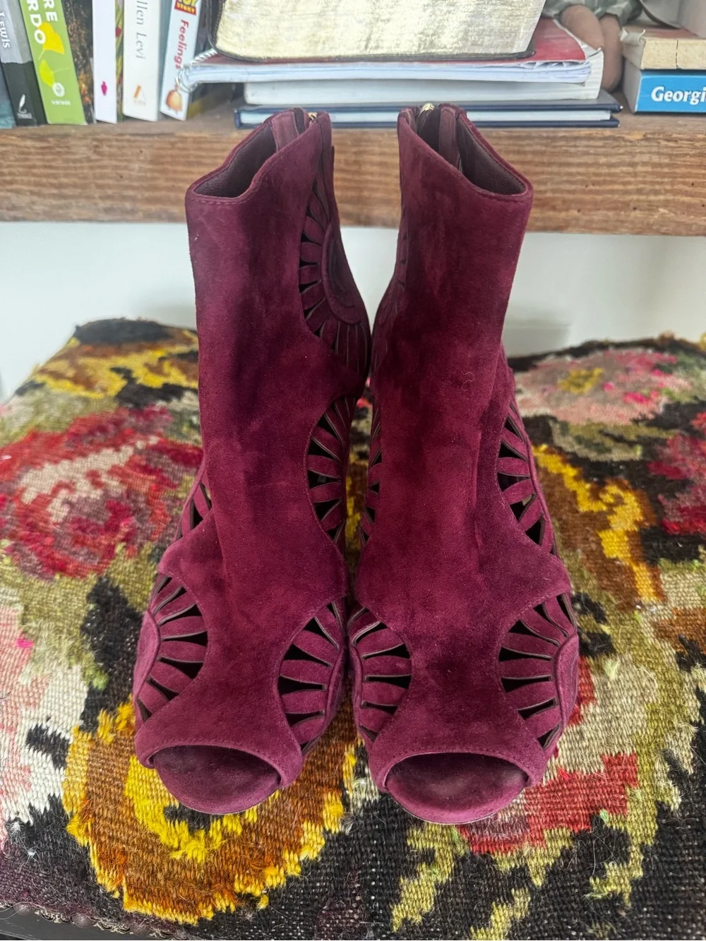 Tory Burch Burgundy Suede Cutout Ankle Booties